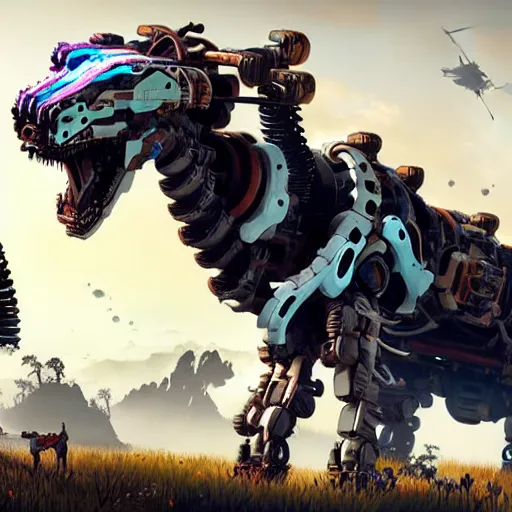 Image similar to artwork by horizon zero dawn of many machine creatures