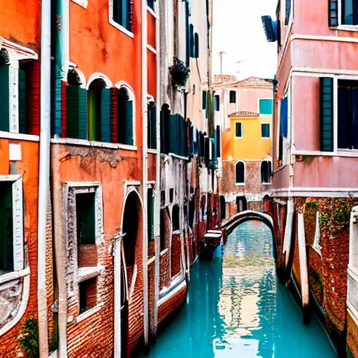 Prompt: Within a pathway in the Venice Italy Canals, beautiful raking sunlight, apartments with colorful balconies, flowers, laundry hanging, bridges, gondolas,