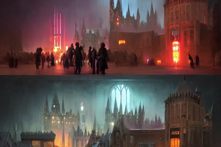 Prompt: Hogwarts, neon lighting, night city, digital art from artstation by Ruan Jia and Mandy Jurgens and Artgerm and william-adolphe bouguereau and Greg Rutkowski and Wayne Barlowe