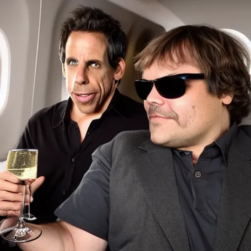 Prompt: ben stiller and jack black on an airplane, drinking champagne, crying