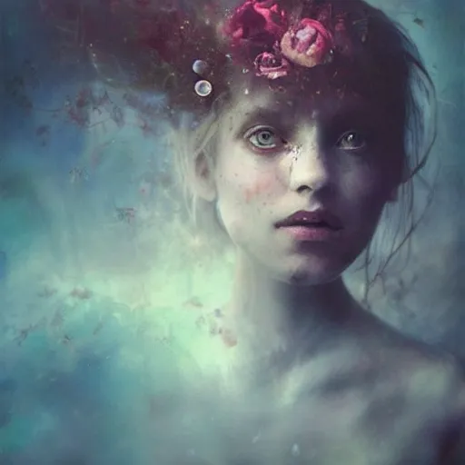 Image similar to beautiful Alice in wonderland portrait by cy Twombly and BASTIEN LECOUFFE DEHARME, iridescent, volumetric lighting