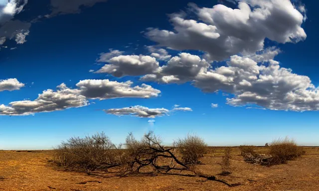 Image similar to panorama of big raindrops flying upwards into the perfect cloudless blue sky from a dried up river in a desolate land, dead trees, blue sky, hot and sunny highly-detailed, elegant, dramatic lighting, artstation, 4k, cinematic landscape, photograph by National Geographic