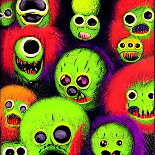 Image similar to a million tennis ball monsters, colorful, digital art, fantasy, magic, chalk, trending on artstation, ultra detailed, professional illustration by basil gogos