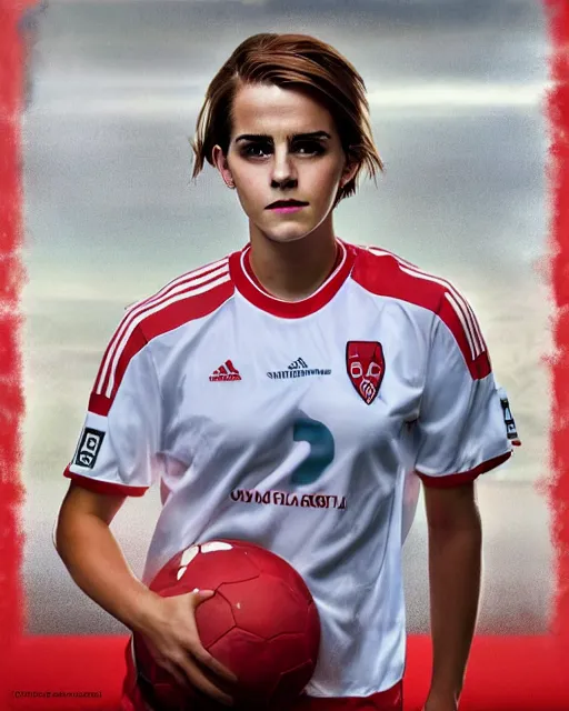 Image similar to a portrait of emma watson as a lokomotiv football player, hyper realistic