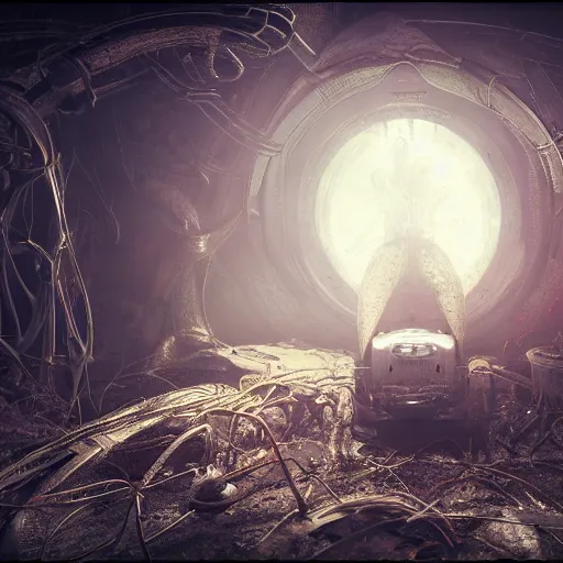Image similar to a nest of alien eggs aboard an abandoned spaceship, extremely detailed, volumetric lighting, gothic, steampunk, horror, inspired by hr giger, octane render, high resolution.