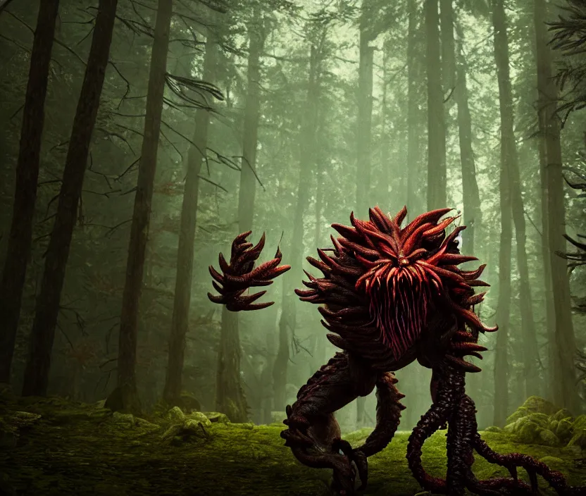 Prompt: wide angle dslr photograph of a very hairy demogorgon, standing in a forest clearing, epic cinematic lighting, octane render