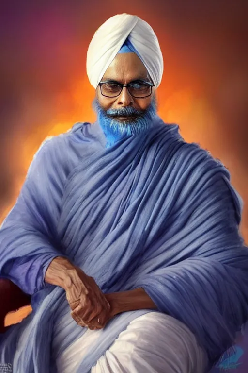 Image similar to Manmohan Singh as Krish, Krish costume, Manmohan Singh blue turban, Krish body type, Manmohan Singh Face, calm, grumpy, portrait, masculine figure, highly detailed, digital painting, artstation, concept art, smooth, sharp focus, illustration, cinematic lighting, art by artgerm and greg rutkowski and alphonse mucha