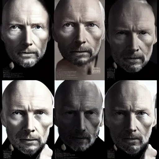 Image similar to collages, hyper realistic, many variations portrait of very old thom yorke, face variations, singer songwriter, ( side ) profile, liminal space, by lee bermejo, alphonse mucha and greg rutkowski, greybeard, smooth face, cheekbones