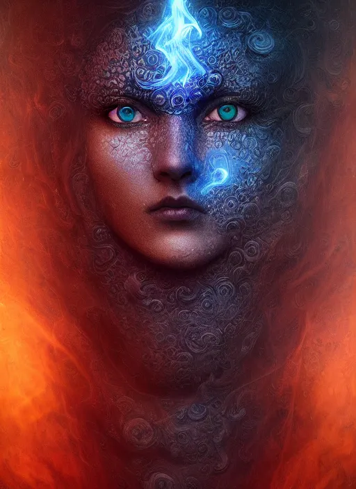 Prompt: Her huge ominous glowing blue eyes staring into my soul , perfect eyes, realistic face, intricate stunning highly detailed, agostino arrivabene, WLOP, twisted dark lucid dream, 8k portrait render, raven wings, swirling thick smoke , beautiful lighting, dark fantasy art, cgsociety