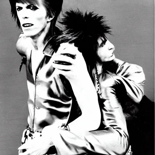 Image similar to david bowie from changes giving a piggy back ride to ziggy stardust. glam rock. by andy warhol