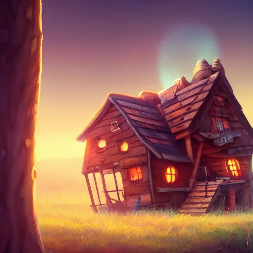 Image similar to a walking wood and metal house with two legs and one big eye, smoky chimney, rust, hyperrealistic, highly detailed, cinematic, single ray of sun, morning, pareidolia, gravity falls style, disney, beautiful, cgssociety, artstation, 8 k, oil painting, digital art