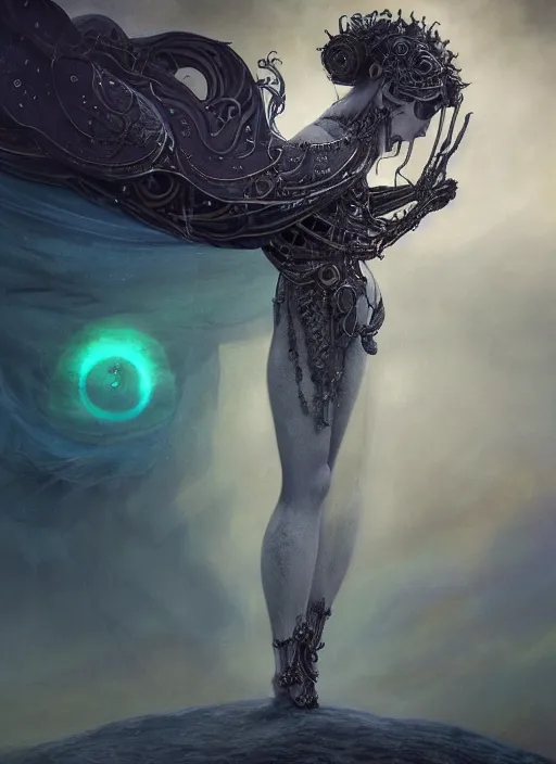 Prompt: epic portrait of menacing, agitated, anxious yet stunningly beautiful biomechanical djinn overseeing the iridescent fabric of the universe, by charlie bowater, mandy jurgens, gustav klimt, octane render, dramatic camera angle, 4k, 8k, high detail, HDR, by tom bagshaw, powerful, with inspiration from Beksinski, inspired by greek goddess Athena