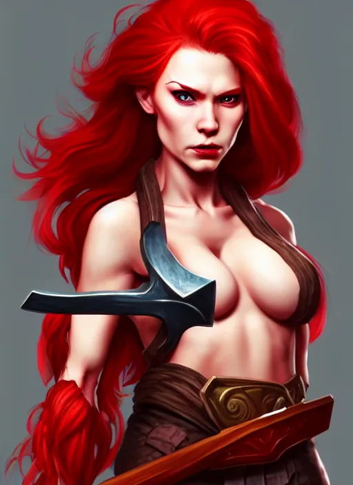 Image similar to a woman with red hair holding two large axes, concept art by senior character artist, true anatomy, extremely beautiful face, extremely detailed face, artstation contest winner, fantasy art, concept art, artstation hd, 2 d game art