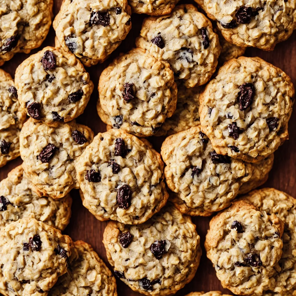 Prompt: close - up view of singular brown oatmeal raisin cookies on top of a wooden table, 8 k, high detail, photorealistic, proper shading