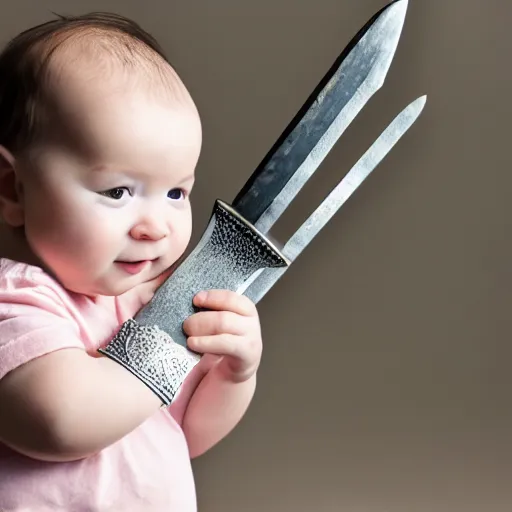 Image similar to a baby holding a giant oversized sword