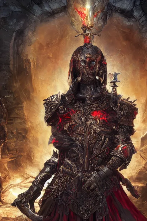 Image similar to Path of Exile, Sirius, bronze face, red eyes, male image with bronze black armor, sitting on the throne, inside the ruined gothic church, black shadows, dark red bloody fog fly around, [[blood]], Anachronism, painting, dark fantasy, steampunk, 4k, perfect quality,