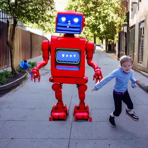 Prompt: in the style of 1960s, scary robot is chasing kids down the ally