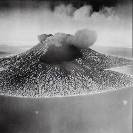 Prompt: cinematic photo of hundreds of zeppelins clustered around an active volcano on an island