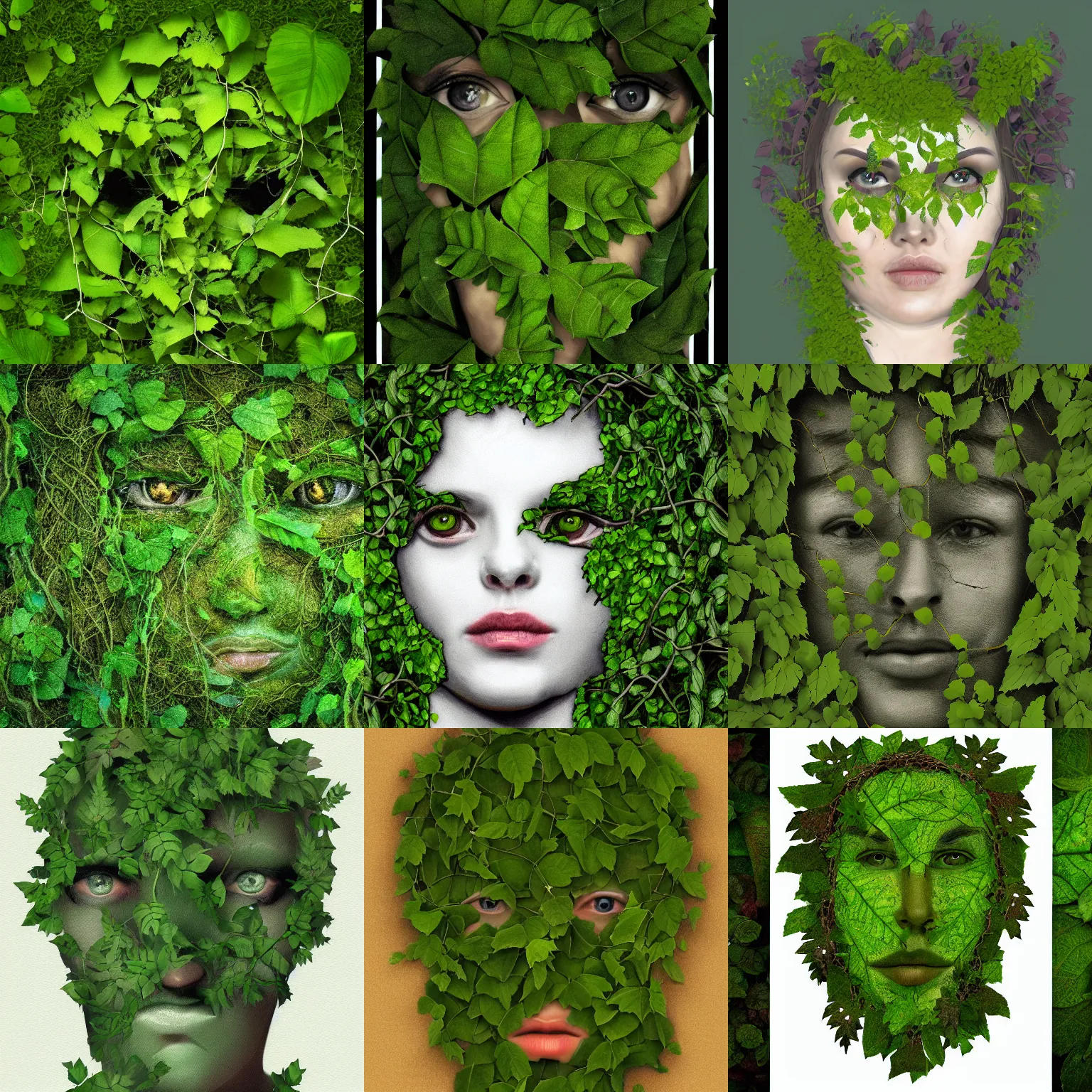 Prompt: leaves, vines, moss in the shape of a face, foliage portrait, concept art