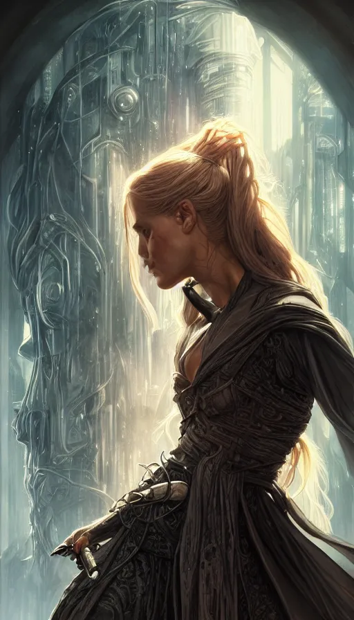 Image similar to furious gorgeous woman, lord of the rings, cyberpunk, posessed, star wars, matrix, fibonacci, sweat drops, insane, intricate, highly detailed, digital painting, artstation, concept art, smooth, sharp focus, illustration, Unreal Engine 5, 8K, art by artgerm and greg rutkowski and alphonse mucha