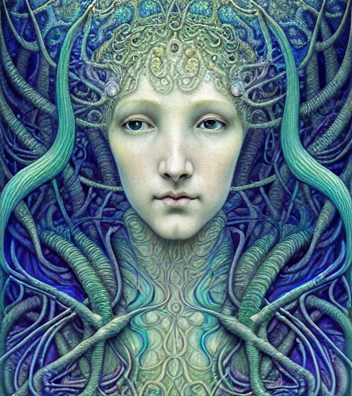 Image similar to detailed realistic beautiful coral reef goddess face portrait by jean delville, gustave dore, iris van herpen and marco mazzoni, art forms of nature by ernst haeckel, art nouveau, symbolist, visionary, gothic, neo - gothic, pre - raphaelite, fractal lace, intricate alien botanicals, ai biodiversity, surreality, hyperdetailed ultrasharp octane render