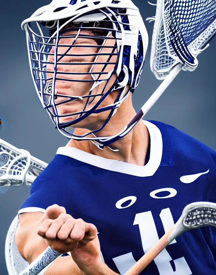 Image similar to closeup portrait of very beautiful cute male lacrosse player in a penn state stadium, glamour pose, particle effects, backlit, highly detailed, soft ambient lighting, sharp focus, rule of thirds, artgerm, wlop, arney freytag, rossdraws, frank frazetta, andrei riabovitchev, hd, octane, 4 k