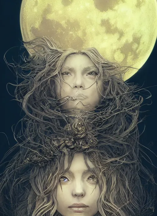 Image similar to golden moon at background, creative!!! composition for a book cover, absurdly beautiful, ultrafine hyperrealistic detailed old witch face by wlop and artgerm and greg rutkowski, intricate linework, sharp focus, smooth, octopath traveler, final fantasy, unreal engine, dramatic lighting, ethereal, 8 k