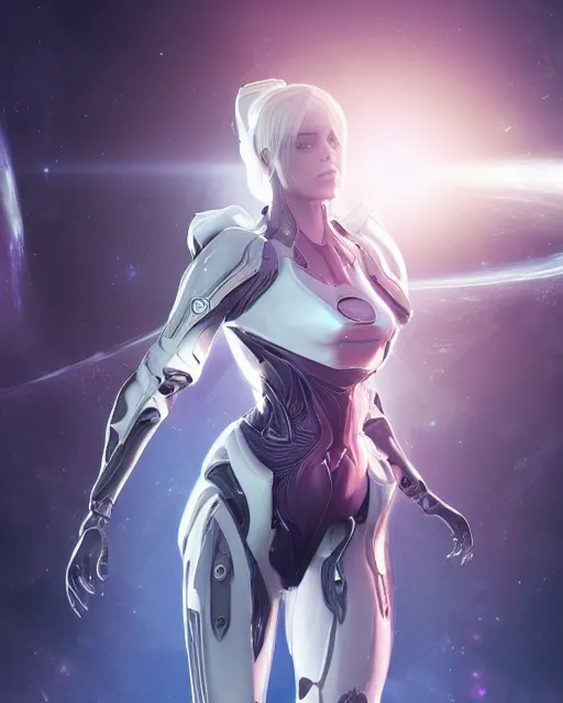 Image similar to photo of a beautiful girl on a mothership, android, warframe armor, pretty face, scifi, futuristic, galaxy, raytracing, dreamy, perfect, aura of light, pure, white hair, blue cyborg eyes, glow, insanely detailed, artstation, innocent look, art by gauthier leblanc, kazuya takahashi, huifeng huang