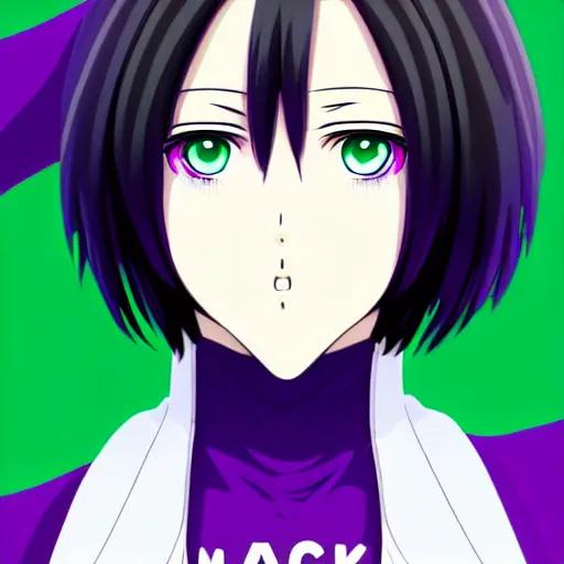 Prompt: anime poster film still portrait, young black woman, black black black woman, purple colored eyes!!!!, white french bob hairstyle, white hair color, green colored bomber jacket, detailed facial features, dynamic pose,, rimlight, cel shaded, 4 k