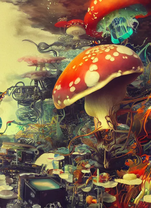 Prompt: surreal gouache painting, by yoshitaka amano, by ruan jia, by Conrad roset, by good smile company, detailed anime 3d render of a wild mushroom Surrounded by a magical dragonfly and a big DJ Mixer, deck, portrait, cgsociety, artstation, rococo mechanical and Digital and electronic, dieselpunk atmosphere