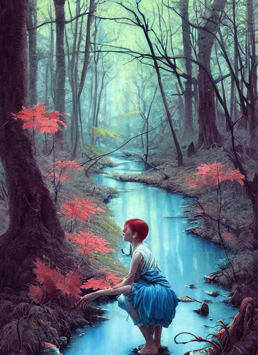 Image similar to bubblegum in the woods by a stream, river gorgeous lighting, lush forest foliage blue sky a hyper realistic painting by chiara bautista and beksinski and norman rockwell and greg rutkowski, tom bagshaw weta studio, and lucasfilm