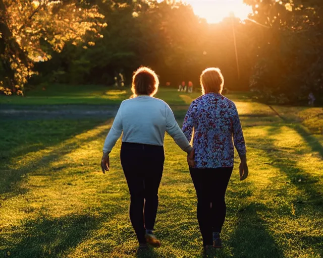 Image similar to an adorable lesbian couple holding hands and walking through the park at golden hour, 7 0 mm zoom lens, atmospheric lighting