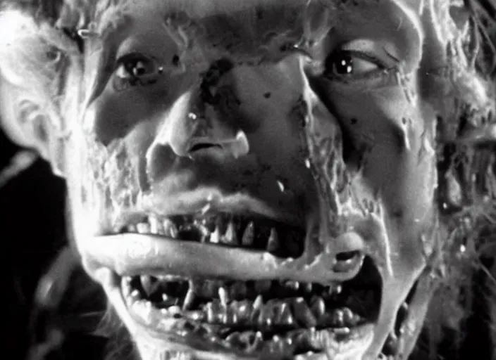Image similar to disturbing 3 5 mm footage of exploded head crooked teeth blood horror film practical fx by david cronenberg 1 9 7 0