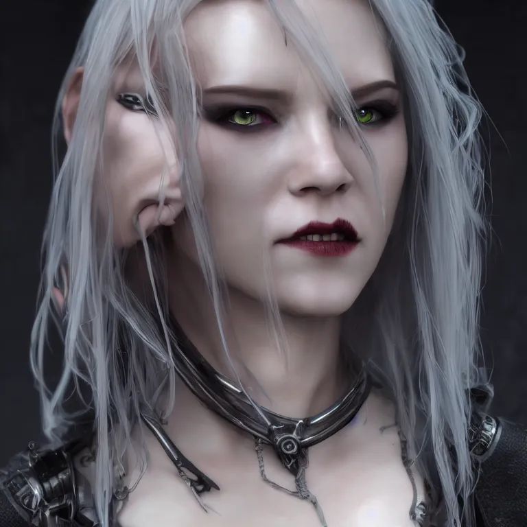 Image similar to cyberpunk female vampire, with brilliant silver flowing hair, concept art by jama jurabaev, cinematic shot, trending on artstation, hybrid from the elden ring and art direction by darius zawadzki ; by artgerm ; wayne reynolds art station ; cinematic quality character render ; low angle ; ultra high quality model ; production quality cinema model