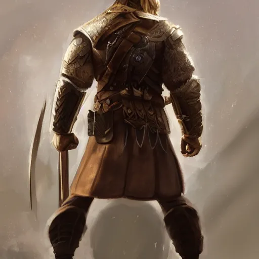 Image similar to full body rear side portrait of a muscular, ponytail haired blonde man in his late 30's with only one arm armored, wearing a thick brown leather coat, looking to his side, DnD character, fantasy character, digital art by Donglu Yu