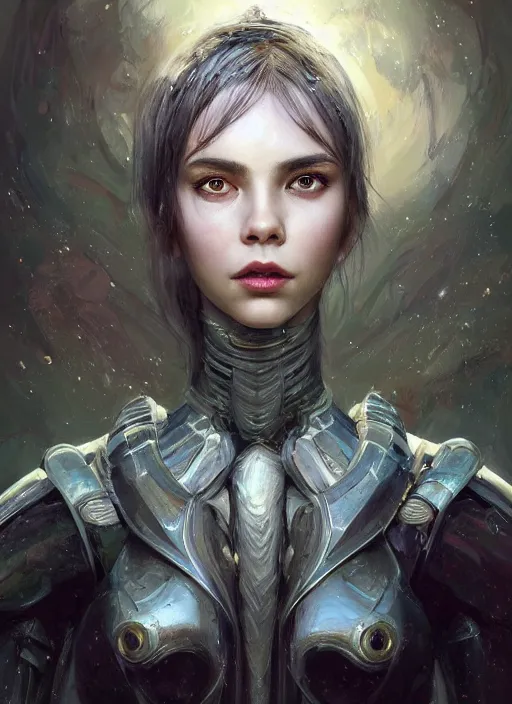 Image similar to a professional painting of a beautiful young female alien, clothed in ethereal armor, olive skin, long dark hair, beautiful bone structure, symmetrical facial features, intricate, elegant, digital painting, concept art, smooth, sharp focus, illustration, from Valerian and the City of a Thousand Planets, by Ruan Jia and Mandy Jurgens and Artgerm and William-Adolphe Bouguerea