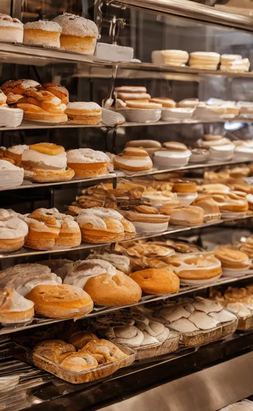 Prompt: close up realistic detailed photo of from inside of a cozy bakery, hdr, volumetric lighting, dim light, diffuse light