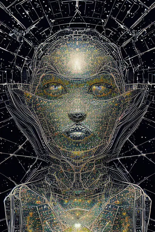 Prompt: starry fractaled house, abstract black glass, gear mecha, beautiful woman body, detailed acrylic, grunge, intricate complexity, by dan mumford and by alberto giacometti, peter lindbergh