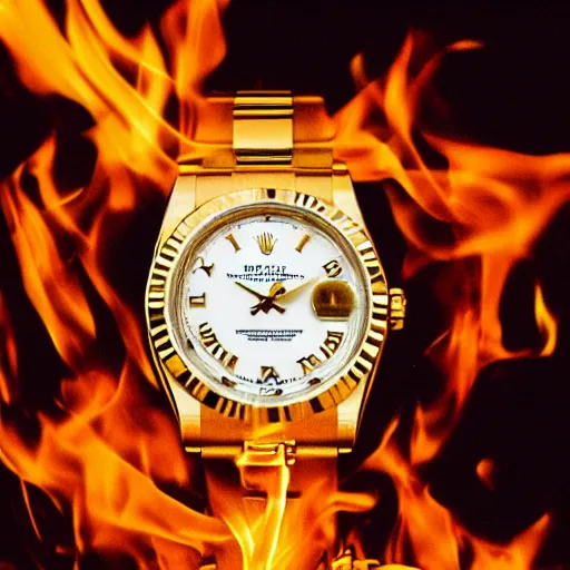 Prompt: a gold rolex engulfed in flames, film photo