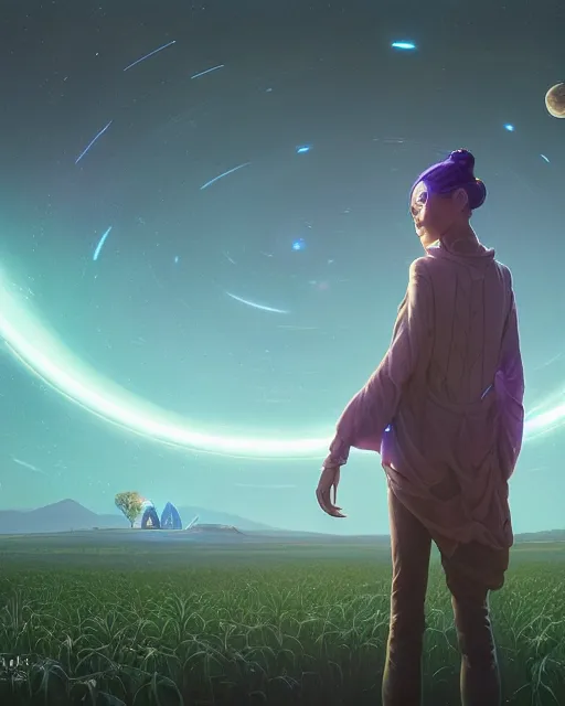 Image similar to highly detailed surreal vfx portrait of a futuristic mage in a rural farm with planets in background, stephen bliss, unreal engine, greg rutkowski, loish, rhads, beeple, makoto shinkai and lois van baarle, ilya kuvshinov, rossdraws, tom bagshaw, alphonse mucha, global illumination, detailed and intricate environment