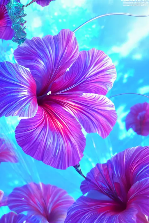 Prompt: an iridescent hibiscus by yusuke murata and makoto shinkai, 8 k, high resolution render, cinematic, unreal engine, featured on artstation, epic scale, volumetric lighting, ultra wide angle, intricate details, crystal, rainbow colors