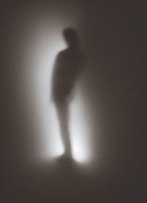 Image similar to human silhouette, large diffused glowing aura, long exposure, film grain, cinematic lighting, experimental portrait photography