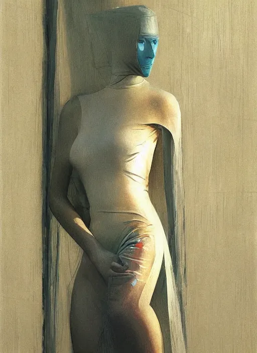 Image similar to beautiful cyberpunk woman in a translucent clothing made from plastic bag with paper bags for clothes standing inside paper bags with paper bag over the head at store display Edward Hopper and James Gilleard, Zdzislaw Beksinski, highly detailed