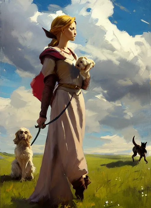 Prompt: Greg Manchess painting of prinzess Zelda in casual wear out playing with the dogs, countryside, fantasy character portrait, dynamic pose, above view, sunny day, thunder clouds in the sky, artwork by Jeremy Lipkin and Giuseppe Dangelico Pino and Michael Garmash and Rob Rey, very coherent asymmetrical artwork, sharp edges, perfect face, simple form, wacky, 100mm