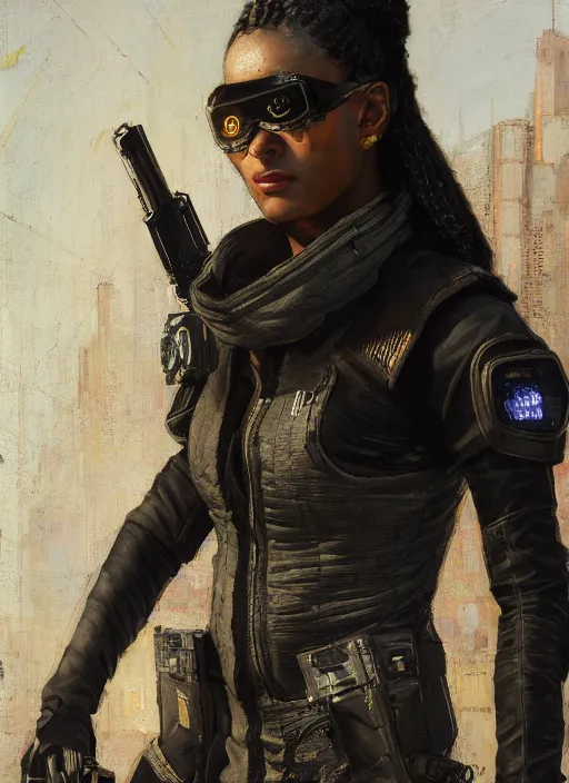 Image similar to maria igwe. cyberpunk mercenary wearing a military vest and combat jumpsuit. (Cyberpunk 2077, bladerunner 2049). Iranian orientalist portrait by john william waterhouse and Edwin Longsden Long and Theodore Ralli and Nasreddine Dinet, oil on canvas. Cinematic, hyper realism, realistic proportions, dramatic lighting, high detail 4k