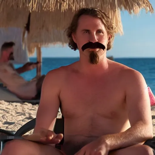 Prompt: a white male beach bum with a mustache drinking a busch beer sitting on a throne on the death star