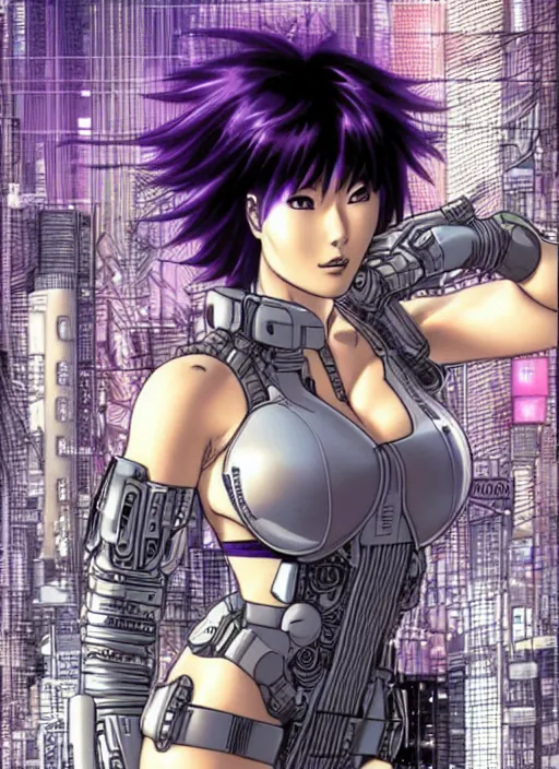 Image similar to motoko kusanagi in grungy cyberpunk megacity, intricate and finely detailed, cyberpunk vaporwave, portrait by j scott campbell