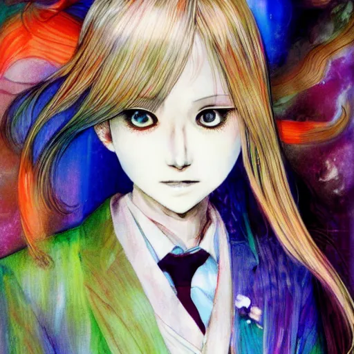 Prompt: yoshitaka amano realistic illustration of an anime girl with black eyes and long wavy white hair wearing dress suit with tie and surrounded by abstract junji ito style patterns in the background, complementary colors, blurry and dreamy illustration, noisy film grain effect, highly detailed, oil painting with expressive brush strokes, weird portrait angle