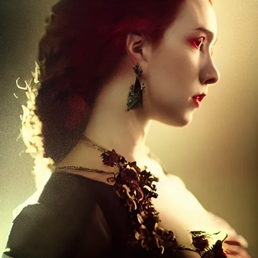 Image similar to majestic gracious regal aristocratic female vampire portrait, atmospheric lighting, painted, ravenous, tempestuous, menacing, intricate, volumetric lighting, beautiful, rich deep colours masterpiece, golden hour, golden ratio, sharp focus, ultra detailed, by leesha hannigan, ross tran, thierry doizon, kai carpenter, ignacio fernandez rios