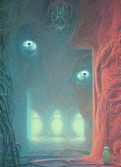 Image similar to A wall made out of eyes, flat, neon, RGB, glowing wires everywhere, pristine, by Edgar Maxence and Ross Tran, Zdzisław Beksiński, and Michael Whelan, gustav dore, H.R. Giger, 8k, octane render